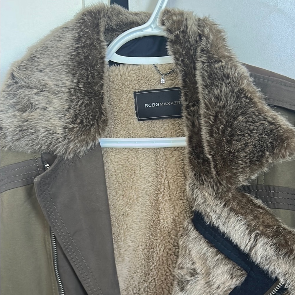 BCBGMAXAZRIA Brown Faux Fur Trim Jacket